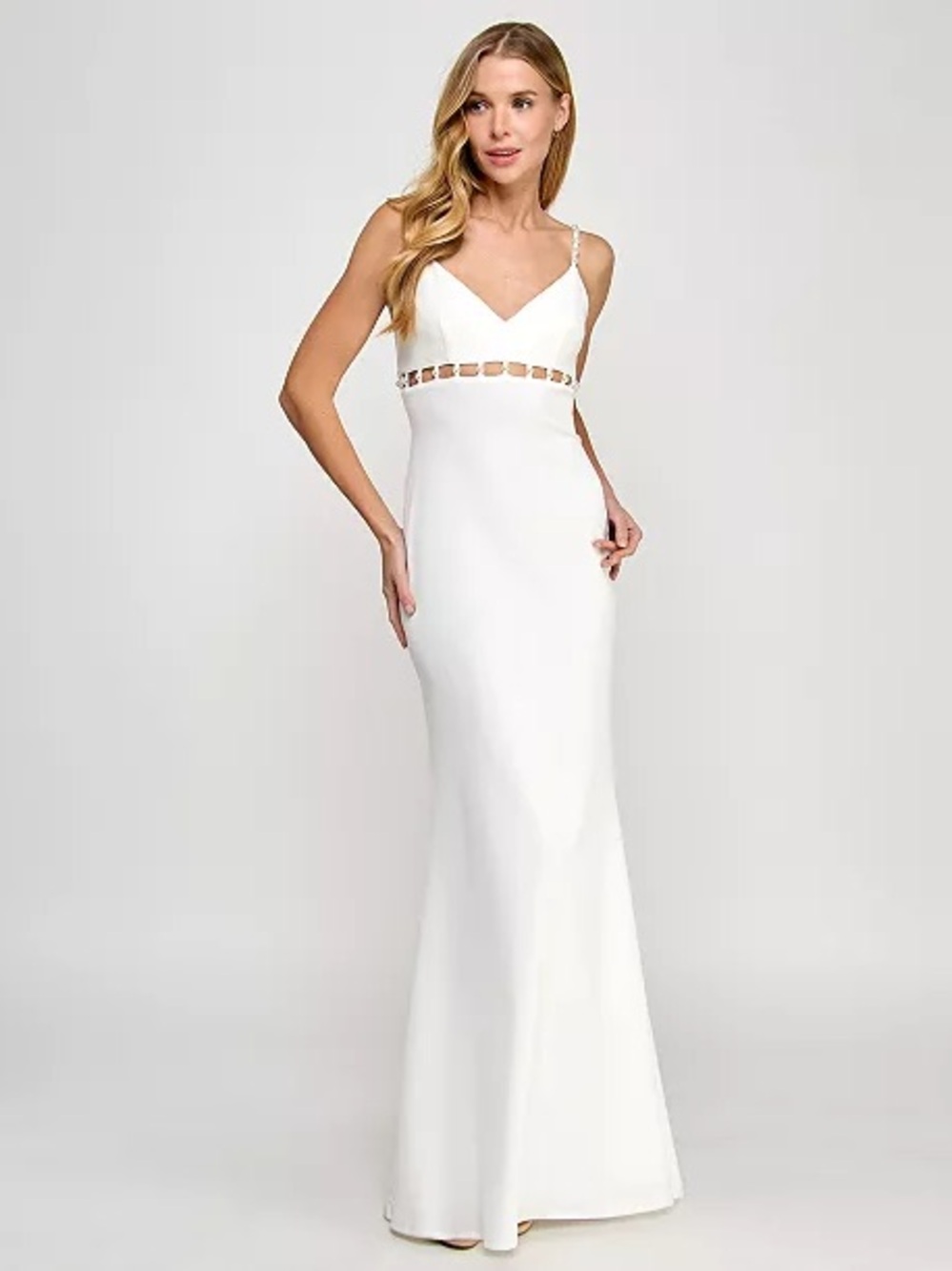 glam White Cutout V-Neck Spaghetti-Strap Gown